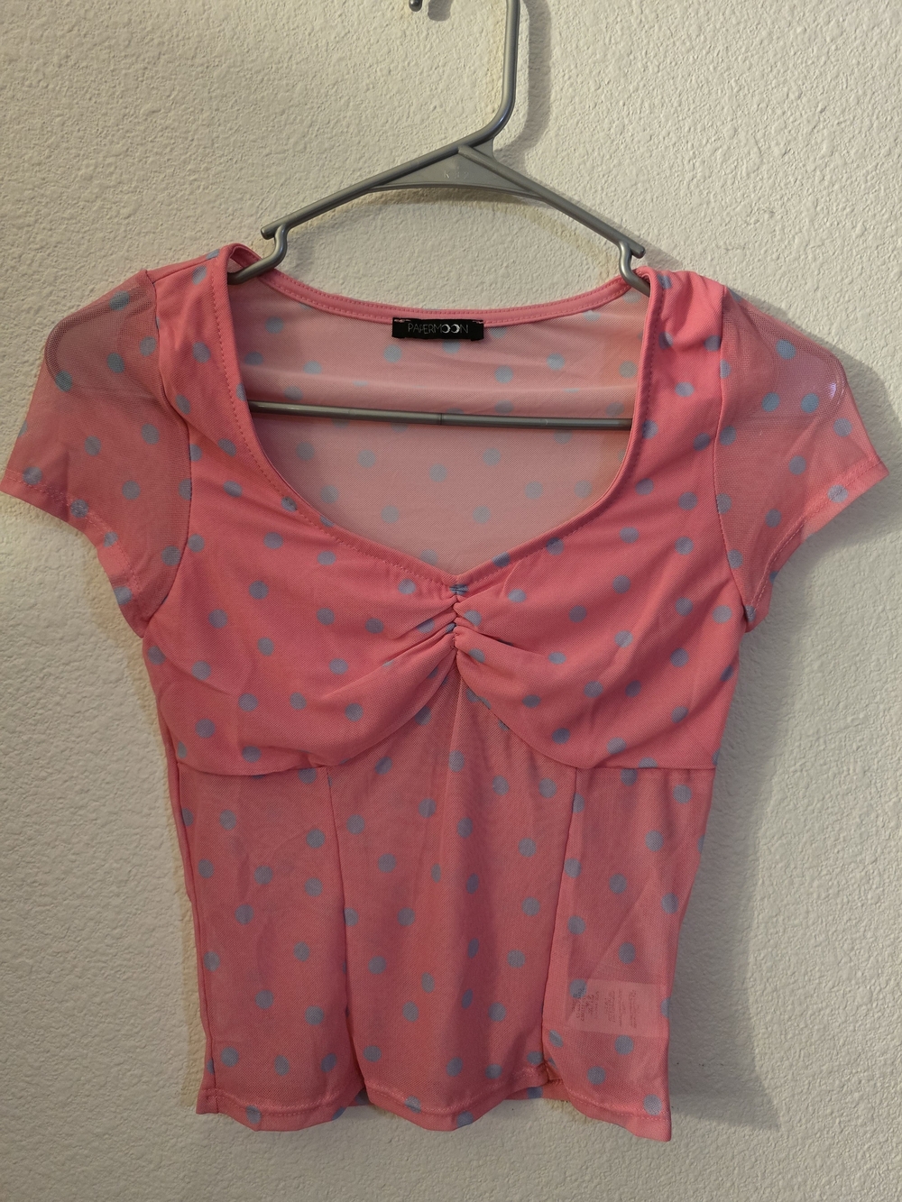 Pink With Blue Polka Dot Short Sleeve See-through Top Size M But Can Be Fit S